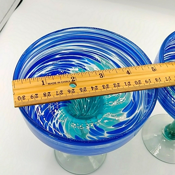 2 Hand Blown Margarita Glasses. Blue & Green Swirls. - Picture 7 of 8